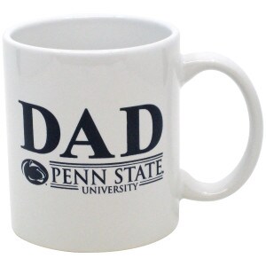 white ceramic mug with navy DAD, Athletic Logo and Penn State University